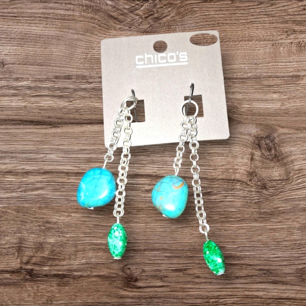 Chico's Silver Chain Earrings with Turquoise and Green Stones